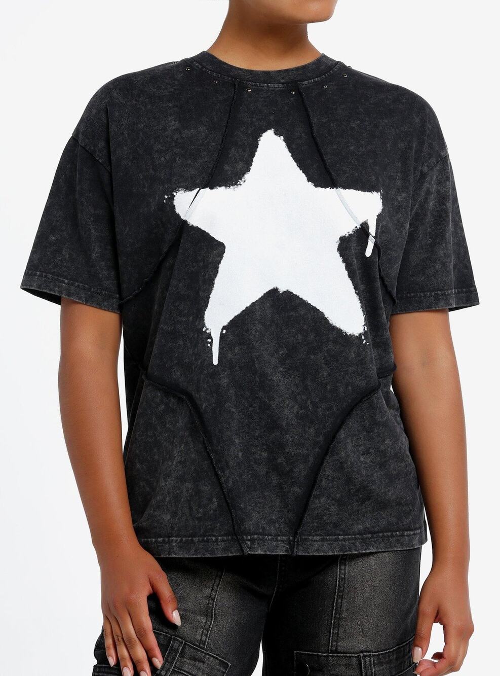 Social Collision Dark Wash Star Exposed Seam Studded Tee S Grunge Goth⁠